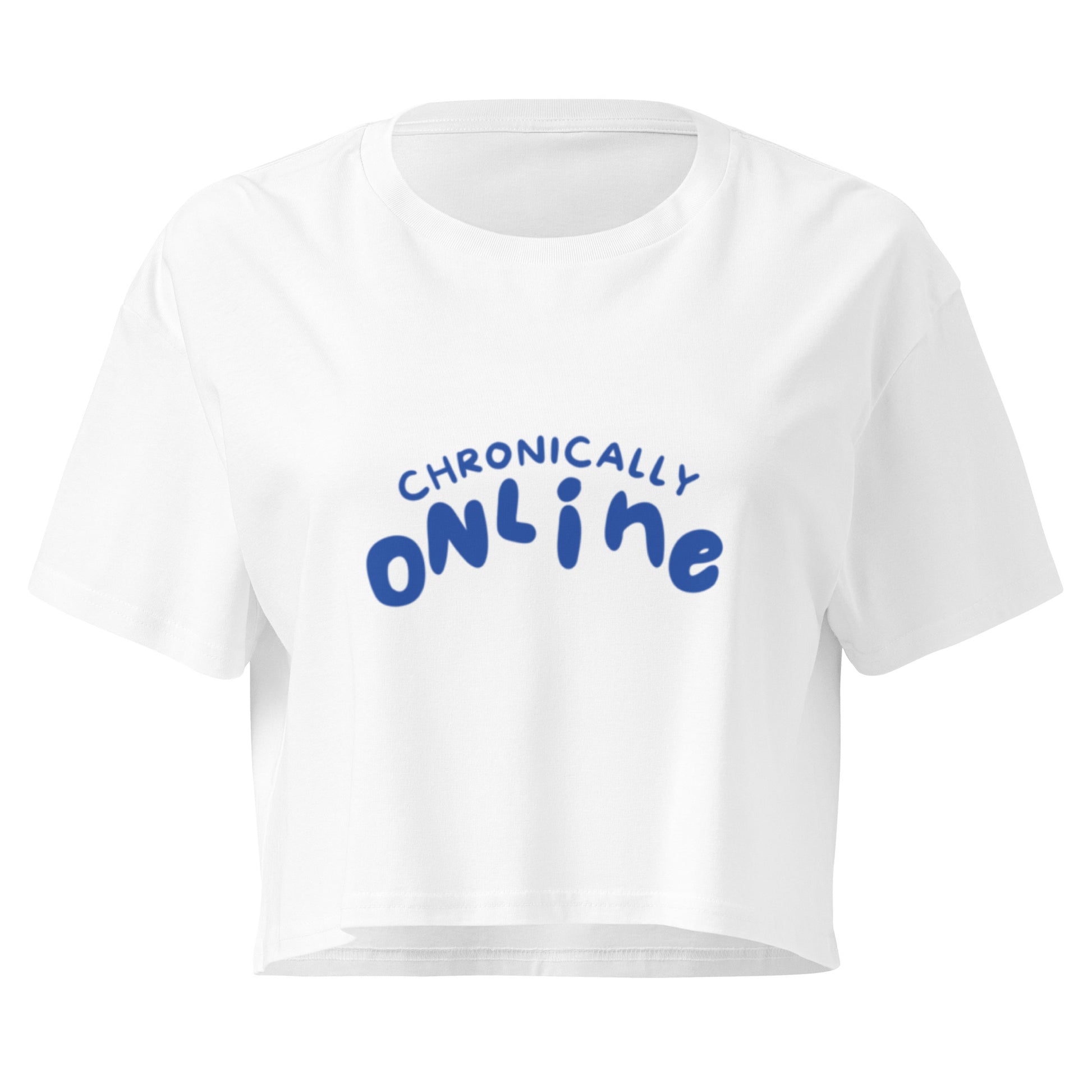 Chronically Online Crop Top in white, front view — Bling Assassin
