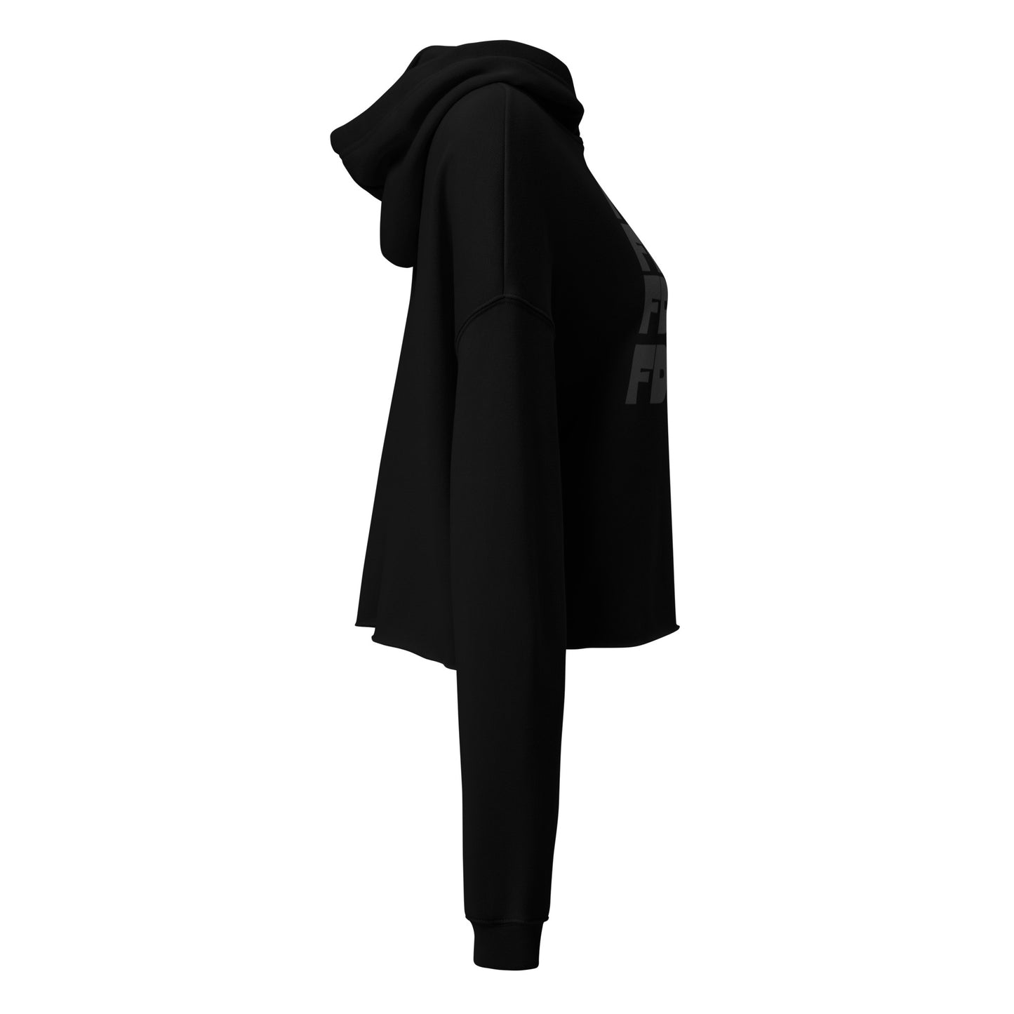 FDT Crop Hoodie in black, right side view — Bling Assassin