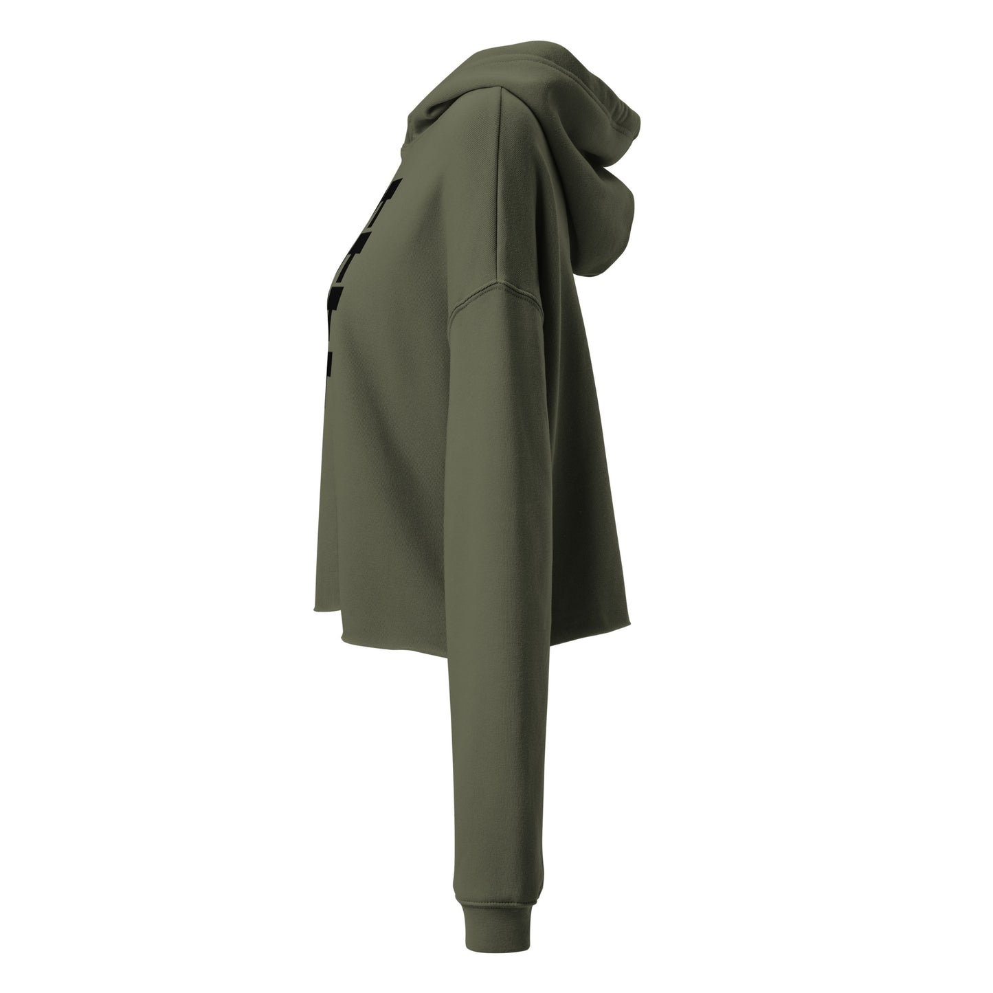 FDT Crop Hoodie in military green, left side view — Bling Assassin
