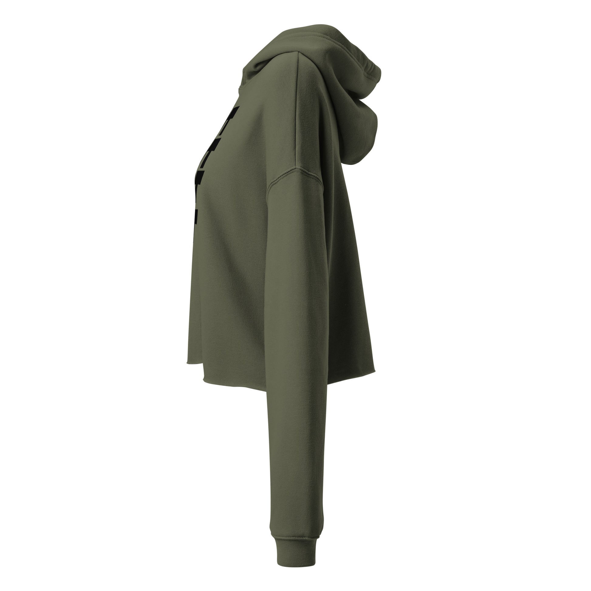FDT Crop Hoodie in military green, left side view — Bling Assassin